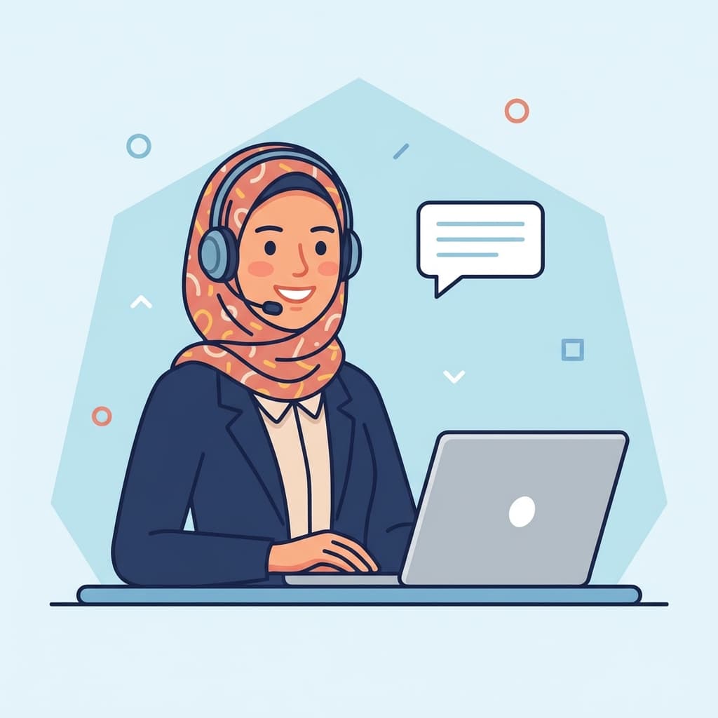 Friendly female customer service in hijab, vector flat illustration